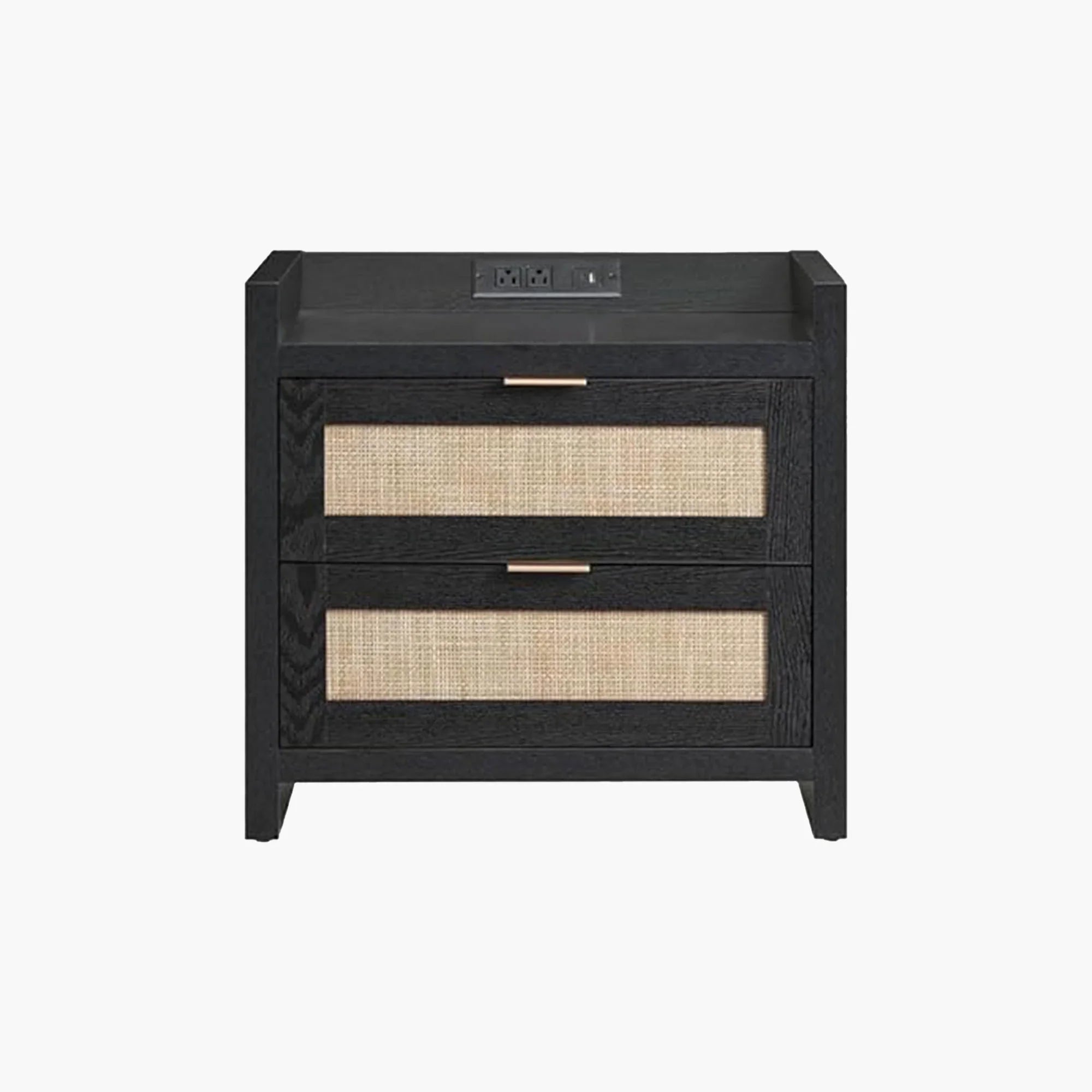 Black wood nightstand with two cane front drawers and built-in power outlet on top