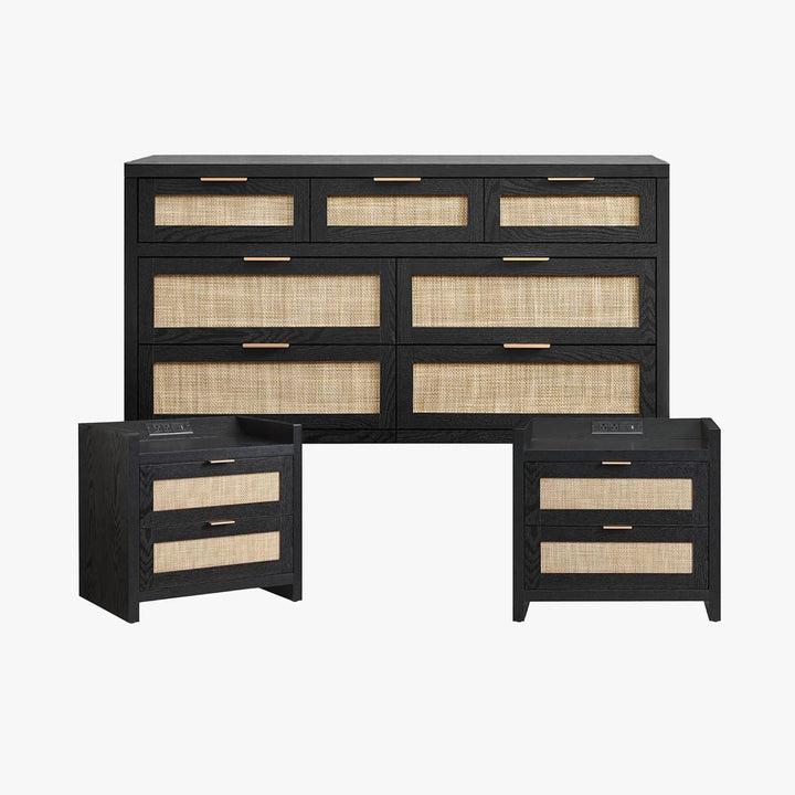 black and gold dresser set SICOTAS 3 Piece Bedroom Sets Dresser and Nightstand Set, Black Oak Farmhouse Rattan 7-Drawer Dresser and 2-Drawer Nightstand with Charging Station