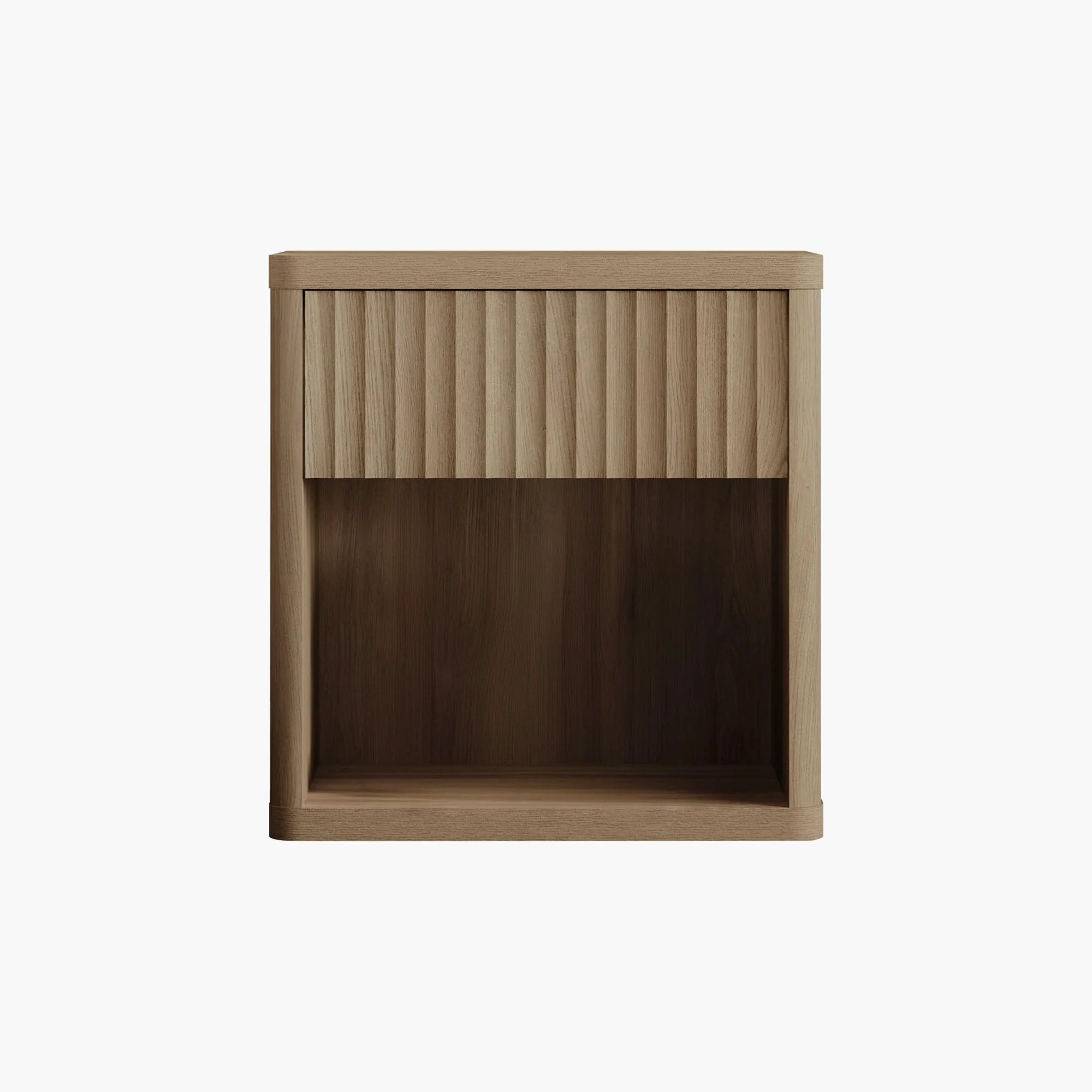 Modern wood nightstand with fluted drawer and open shelf on white background