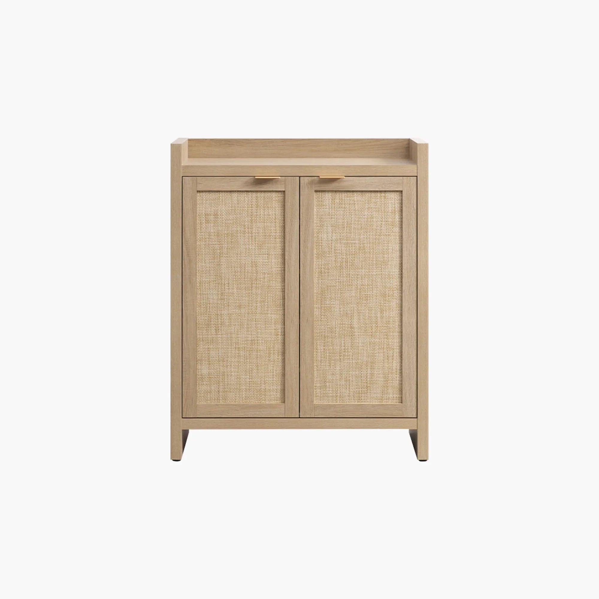 Beige wood and rattan cabinet with double doors, minimalist modern storage furniture