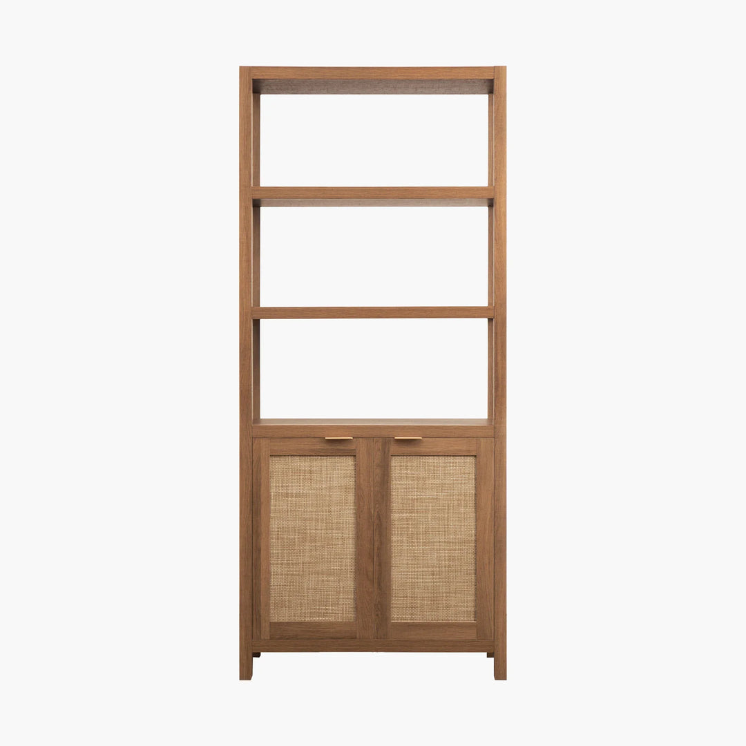 Modern wooden bookshelf with three open shelves and two rattan cabinet doors on white background.