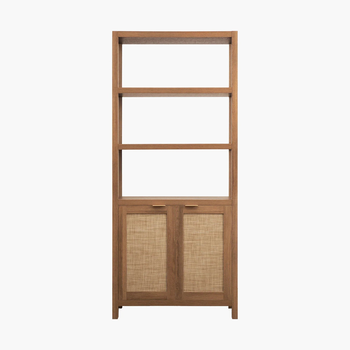 Modern wooden bookshelf with three open shelves and two rattan cabinet doors on white background.