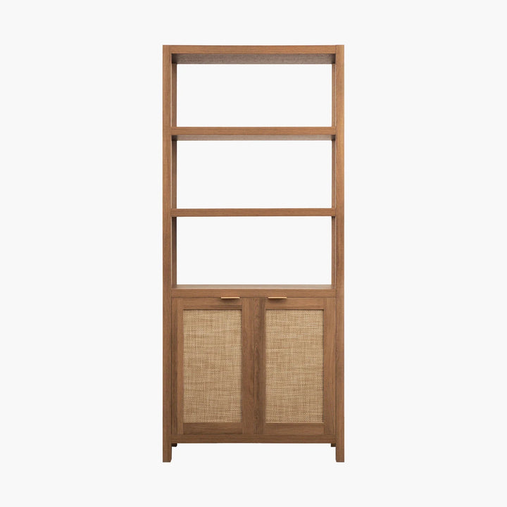 Modern wooden bookshelf with three open shelves and two rattan cabinet doors on white background.