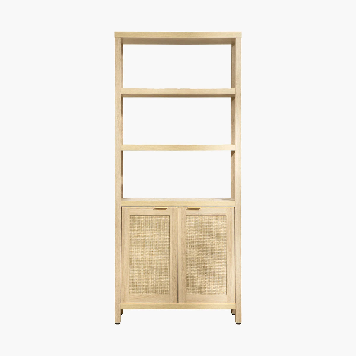 Light wood bookcase with three open shelves and two woven cabinet doors, modern storage