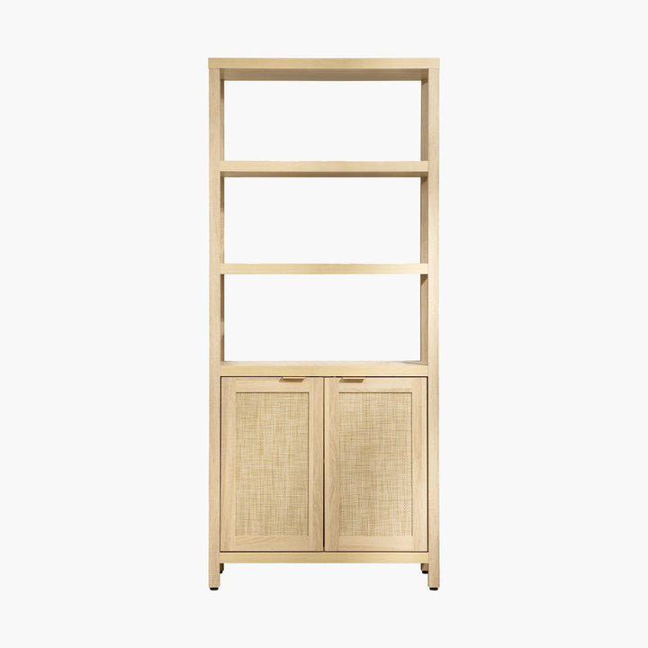 Light wood bookcase with three open shelves and two woven cabinet doors, modern storage