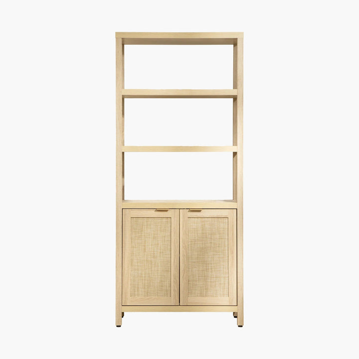 Light wood bookcase with three open shelves and two woven cabinet doors, modern storage