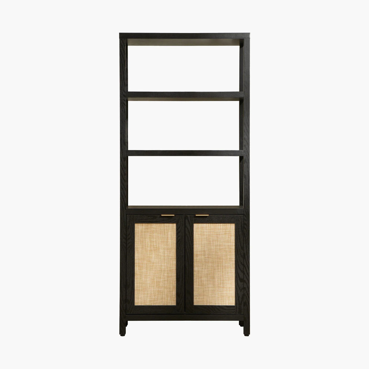 Modern black wood bookcase with open shelves and rattan cabinet doors, white background