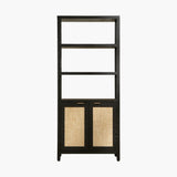 Modern black wood bookcase with open shelves and rattan cabinet doors, white background