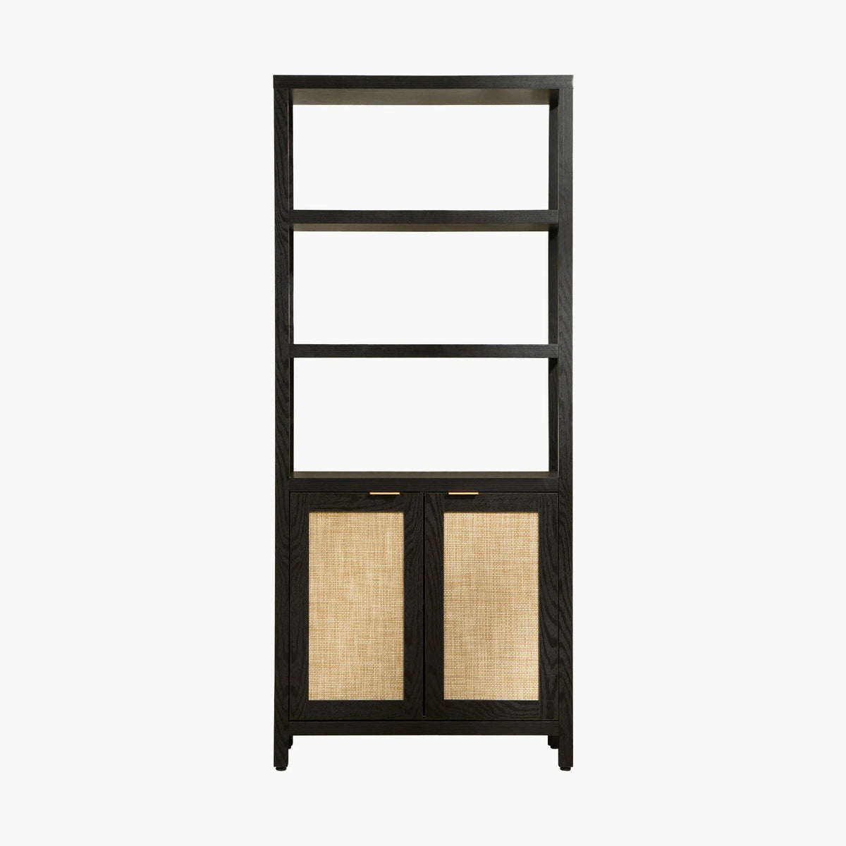 Modern black wood bookcase with open shelves and rattan cabinet doors, white background