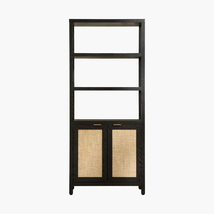 Black wood bookshelf with open shelves and cane panel cabinet doors
