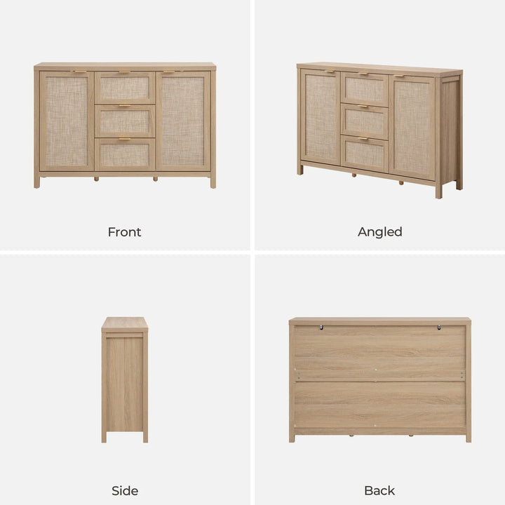 Savanna sideboard with rattan cabinets and drawers, shown front, angled, side, and back views