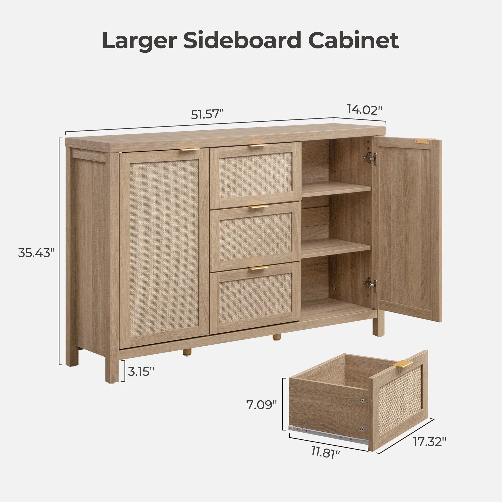 Larger sideboard cabinet with open doors and drawers, light wood finish, labeled dimensions.