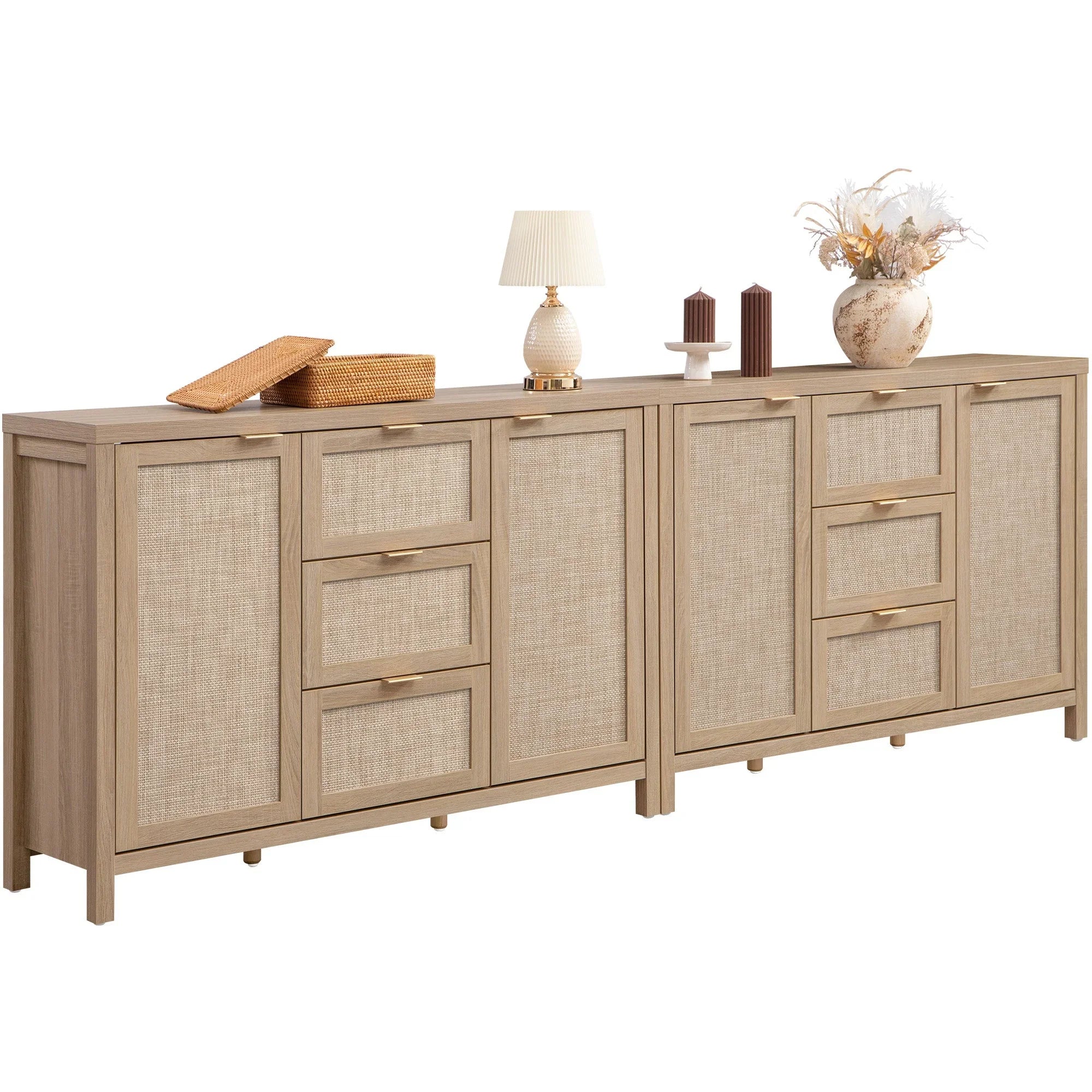 Savanna sideboard cabinets with natural wood finish, rattan doors, and decorative accents