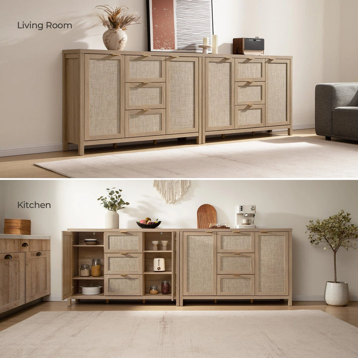 Savanna sideboard cabinets in light wood finish styled in living room and kitchen settings