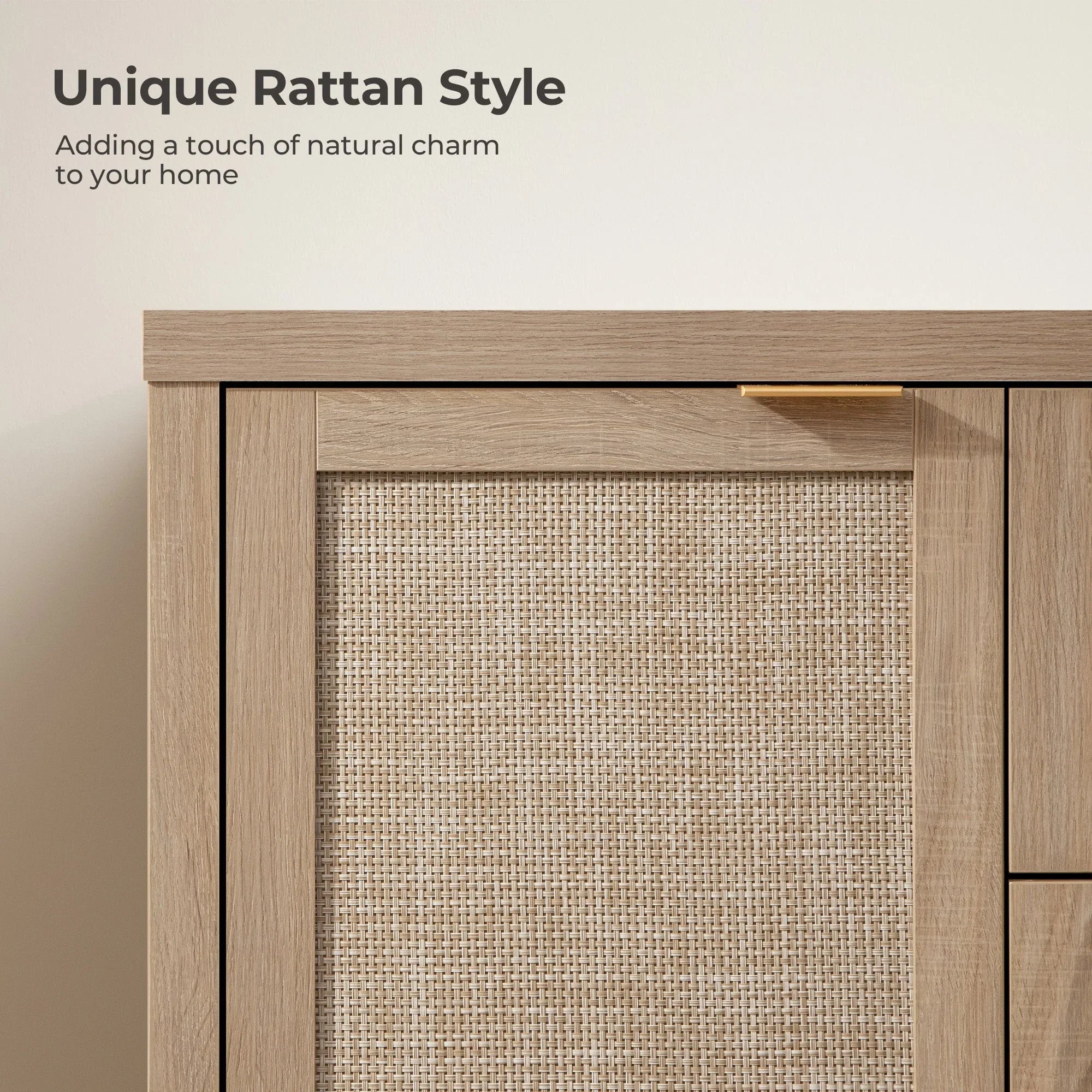 Light wood rattan sideboard cabinet with gold handle and woven front panel