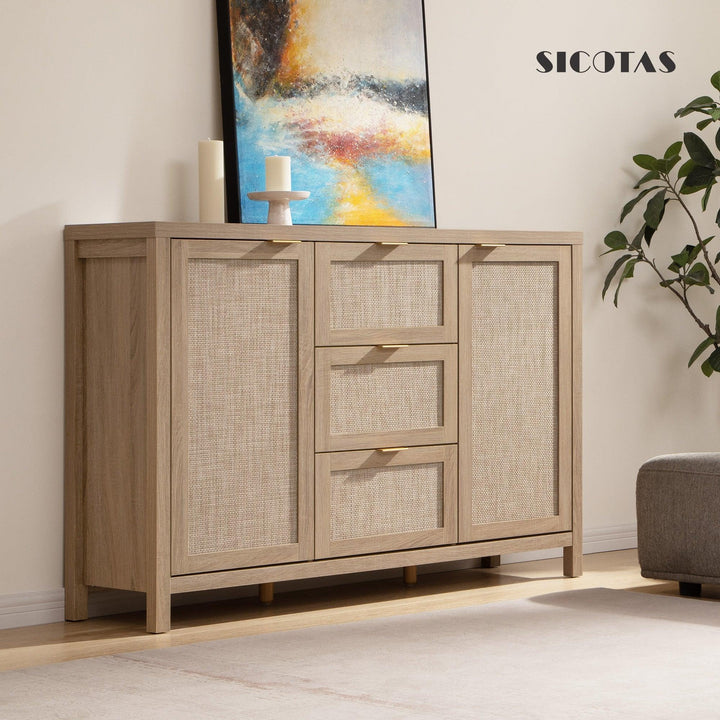 Modern rattan sideboard cabinet with drawers in living room, abstract art and candles on top