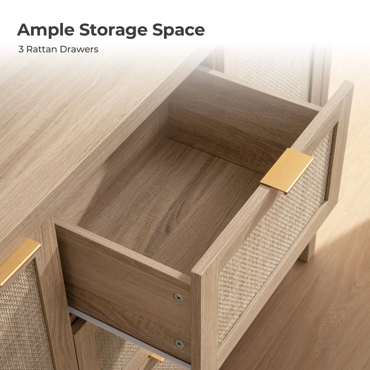 Savanna sideboard with open rattan drawer, showcasing ample storage and wood finish