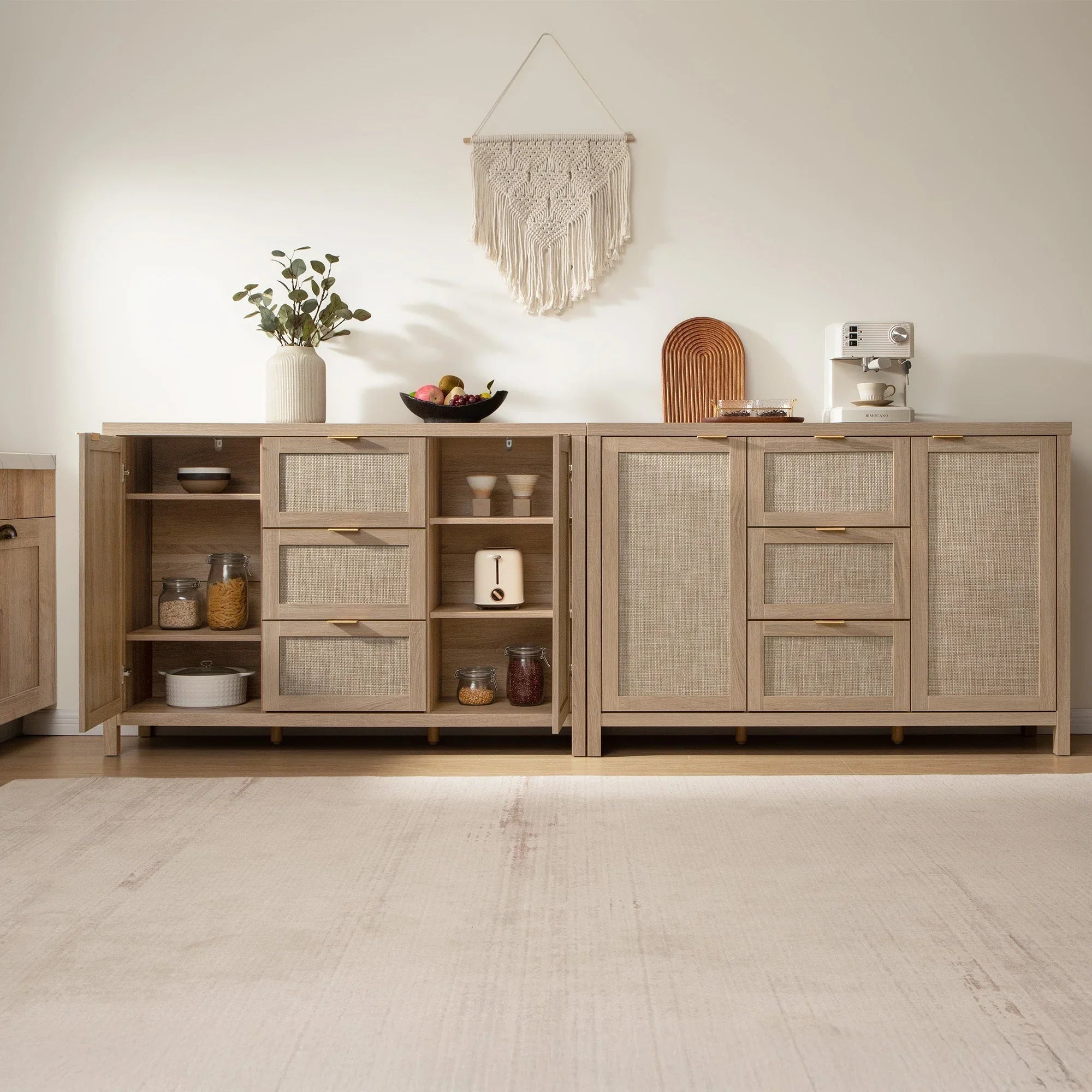 Light wood savanna sideboard cabinets with rattan doors in modern kitchen setting