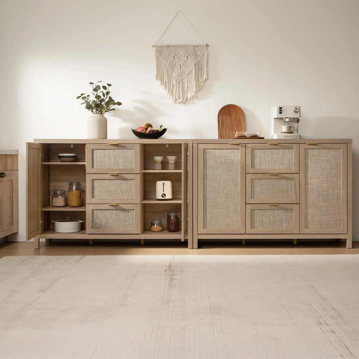 Light wood savanna sideboard cabinets with rattan doors in modern kitchen setting